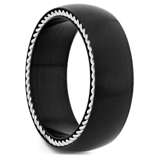 Sentio | Zwarte Roestvrijstalen Ring met Ingelegde Draad