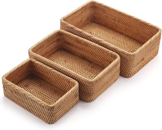 Stapelbare Rechthoekige Rotan Opbergmanden - Geweven Rieten Dozen - Sleutelhouder voor Keukenkasten en Plank - Natuurlijke Set van 3 Wicker Storage Basket (2-5)