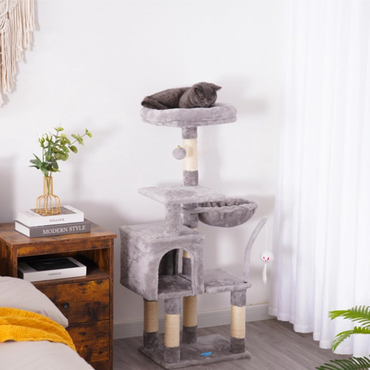 Kattenboom met speelgoed en kattentoren voor binnenkatten – Gezellig kattenhuis met hangmat en krabpalen – Grijs EMPJ004SW-N