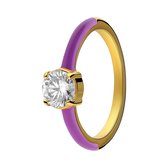 Lucardi Dames Stalen goldplated ring met paarse emaille en zirkonia - Ring - Staal - Goud - 16 / 50 mm