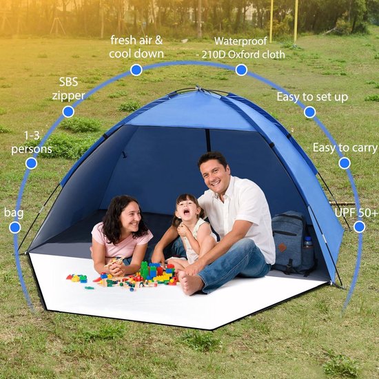 Tente De Plage 3-4 Personnes HAOYAO – Anti-UV UPF 50+, 220x145x125 Cm, Ventilée, Porte Arrière, Poteaux Fibre 8,5 Mm
