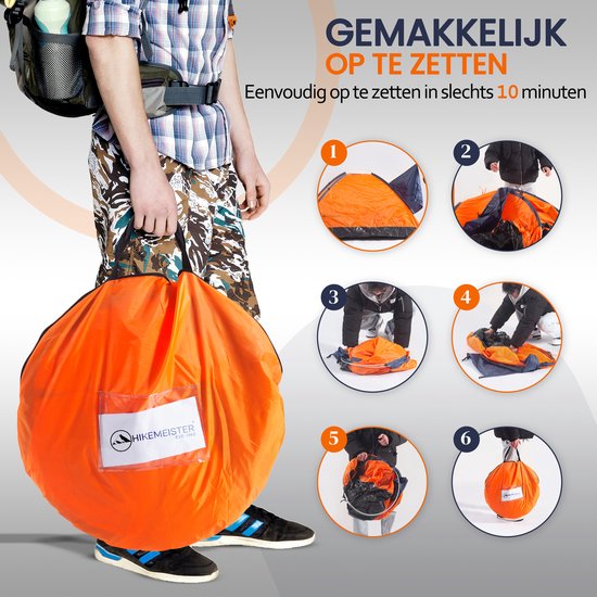 Oranje pop-up tent in ronde draagtas, met handleiding in 6 stappen.