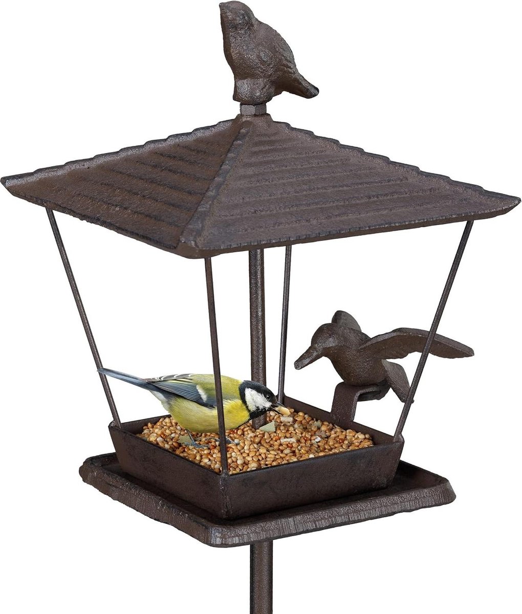 Bol.com Vogelvoederhuisje op paal gietijzer - voederplek voor kleine vogels - HBD 115 x 15 x 16 cm - bruin - vogelhuisje met HTM... aanbieding