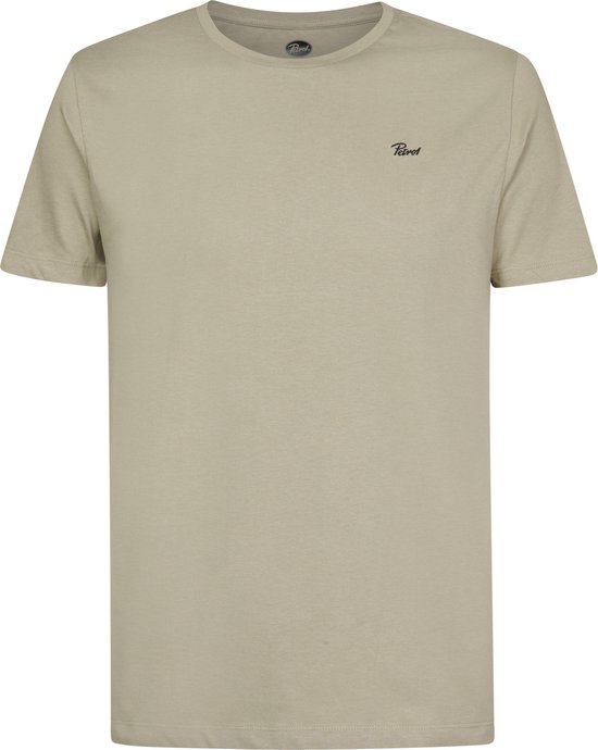Lichtbeige t-shirt met korte mouwen en een ronde hals met een klein logo op de borst.