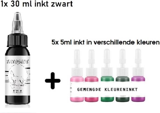 Foto: Tattoo inkt set 1x 30ml tattoo oefeninkt zwart en 5x 5ml tattoo kleureninkt oefen tatoeages zetten met oefen inkt op tattoo oefenhuid