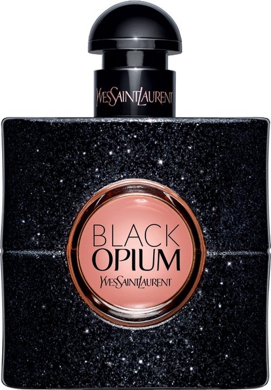 Zwarte 'Black Opium' Eau de Parfum sprayfles van Yves Saint Laurent met glinsterende textuur en rond koperkleurig label.
