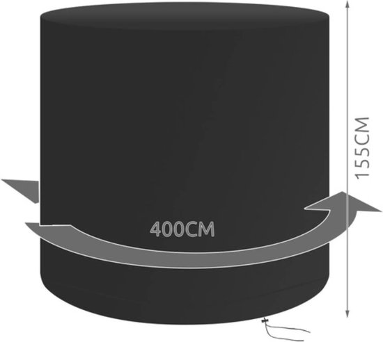 Afmetingen van een ronde zwarte beschermhoes: 400cm breed, 155cm hoog.