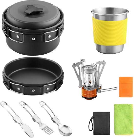 Foto: Campingkookgerei set outdoor voor 1 persoon campingservies set met mini kookpan en pan opvouwbaar bestek mini campingkooktoestel campingbeker 12 in 1 draagbare kookpannenset