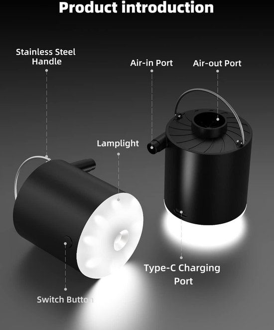 Elektrische luchtpomp oplaadbaar met lamp luchtmatras zwembad-zwemring-camping-opblaasbare boot 3-in-1 opblaas- en leegpomp USB 5 sproeiers — afbeelding 3