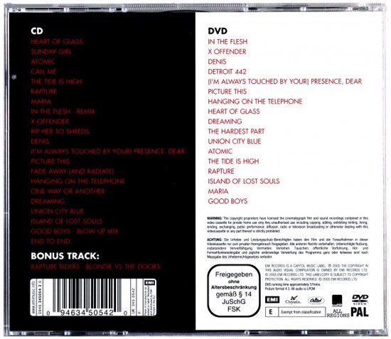 Achterkant CD en DVD hoes met tracklijsten in wit en rood.
