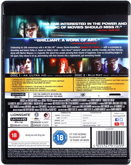 Achterkant van de 4K Ultra HD Blu-ray hoes met beschrijvingen, recensies en details van de film Requiem for a Dream.
