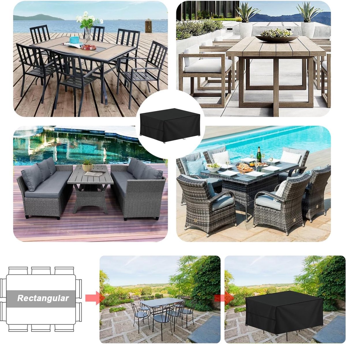 Tuinmeubelhoes Afdekking,Rond Terrasmeubelhoes,Waterdicht,Stofdicht,Anti-UV,Winddicht,Scheurbestendig 420D Oxford Beschermhoes voor Tuinmeubelen-Zwart_180x140cm
