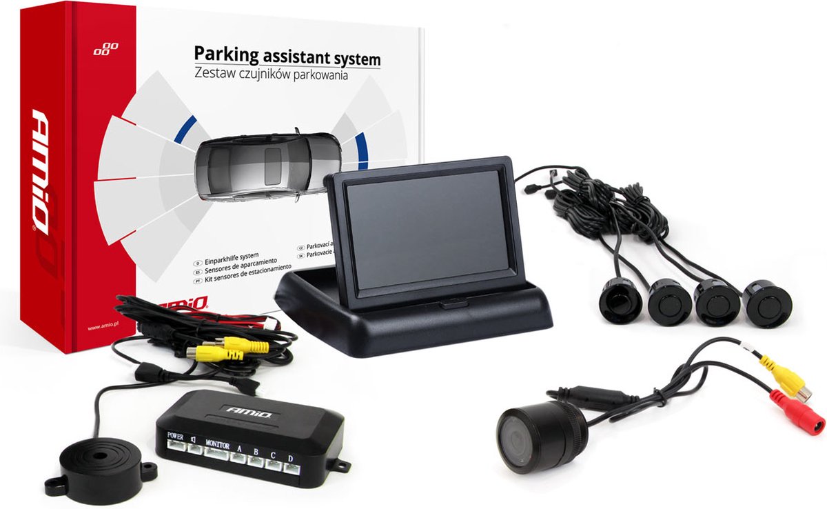 Bol.com AMiO Volledig Parkeersensor Parkeerhulpsysteem LED met 4 Sensoren Camera Scherm & Pieper Inbouw Zwart aanbieding