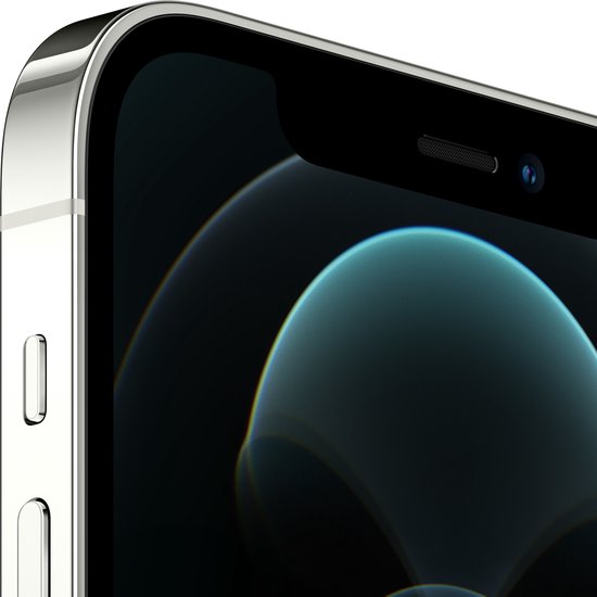 Zijzicht van de zilveren rand van een iPhone 12 Pro met een donker scherm met golvende lijnen.