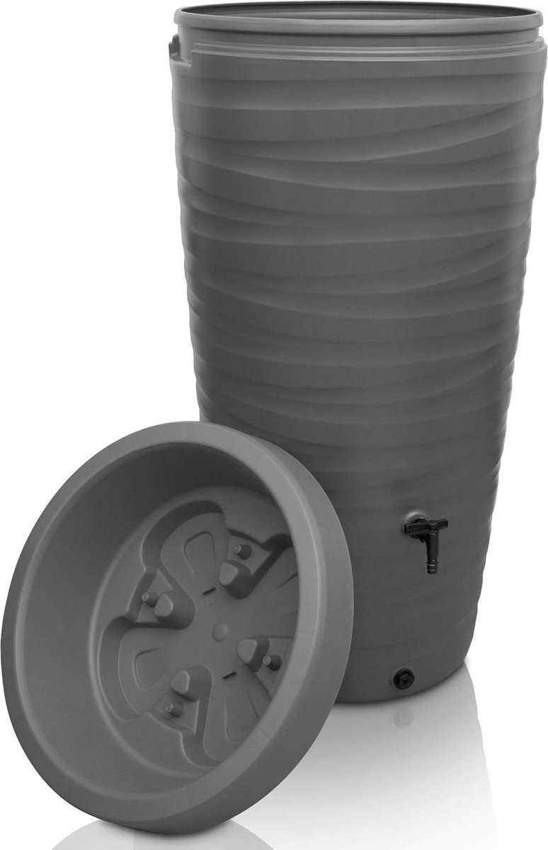 Regenton 240 liter Wave Design regenvat - vorstbestendig kunststof - regenwaterton kraan - regenwatertank tuin - regenwaterverzamelaar watervat - regenton smal grijs Regenton