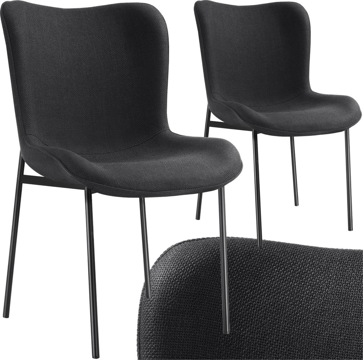 Tectake Gestoffeerde stoel - Eetkamerstoel - Geweven stof - Ergonomische vorm - Hoge rugleuning - Draagkracht 120 kg - Diverse kleuren - Set van 2 - Zwart/zwart zwart zwart