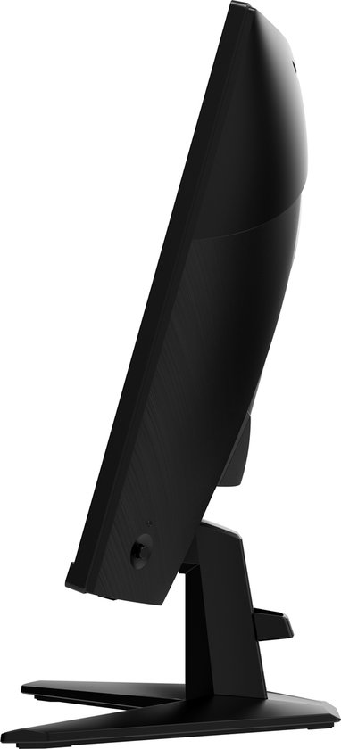 Zijaanzicht van een zwarte gebogen gaming monitor met standaard.