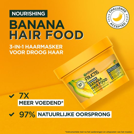 Masque capillaire 3-en-1 Garnier Fructis Hair Food pour cheveux secs. Nouvelle formule, 7x plus nourrissant, 97% d'origine naturelle.
