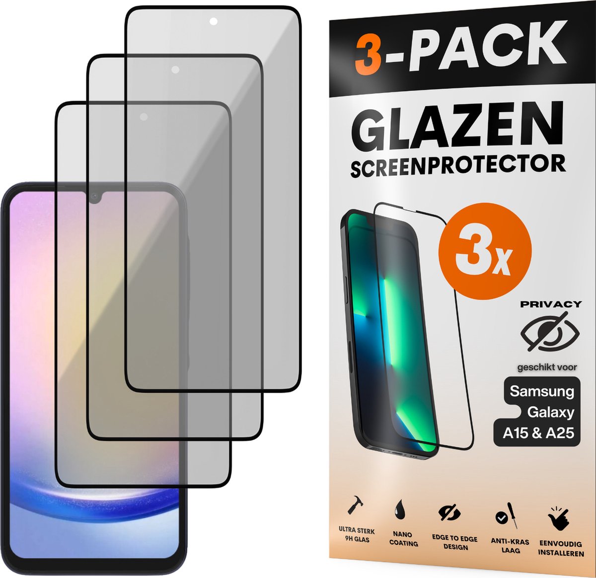 Privacy Screenprotector - Geschikt voor Samsung Galaxy A15 / A25 - Gehard Glas - Full Cover Tempered Privacy Glass - Case Friendly - 3 Pack