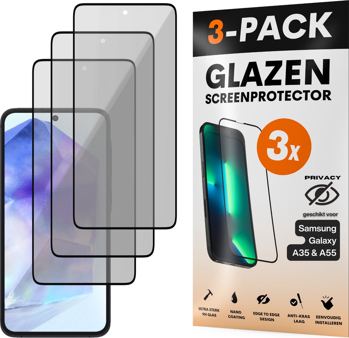 Privacy Screenprotector - Geschikt voor Samsung Galaxy A35 / A55 - Gehard Glas - Full Cover Tempered Privacy Glass - Case Friendly - 3 Pack
