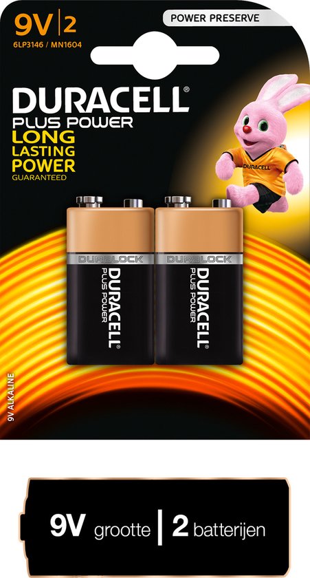Duracell Plus Power 9V batterijen verpakking van 2, met Duracell konijn.