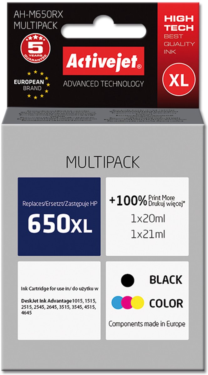 Image of Activejet AH-M650RX inkt (vervanging HP 650 CZ101AE/CZ102AE; Premium; 1 x 20 ml, 1 x 21 ml; zwart, kleur)