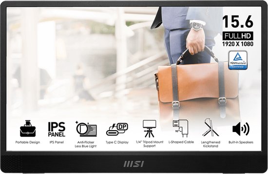 15,6″ MSI PRO MP161DE E2 Full HD IPS monitor, 1920×1080, 4 ms, 60 Hz, ingebouwde speakers, USB-hub zwart