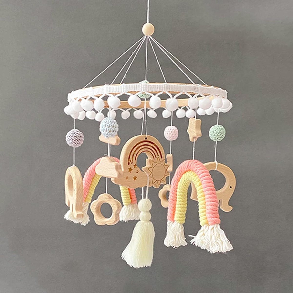 Windgong voor baby's - vilten ballen regenboog maan olifant - houten mobiel voor babykamer - gehaakte baby mobiel - jongens meisjes bedbel hanger