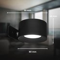 Zwarte, cilindrische wandlamp met magnetische montagebasis. Afmetingen: 95mm x 45mm x 80mm.