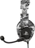 Grijze camouflage gaming headset met zwarte oorkussens en op de zijkant het PS logo.