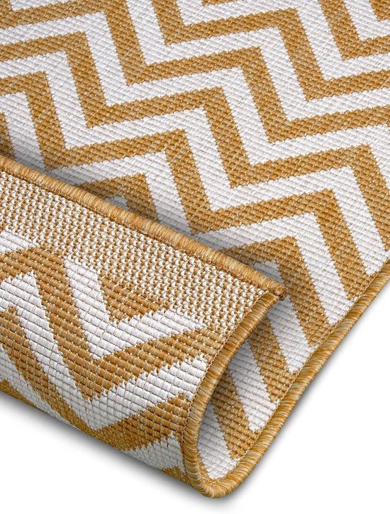 Tapis réversible tissé plat design géométrique pour intérieur et extérieur - Oeko-Tex, résistant aux intempéries, résistant aux UV - ocre - 80 x 250 cm