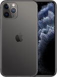 Donkergrijs iPhone 11 Pro, voorkant en achterkant, met abstracte achtergrond.