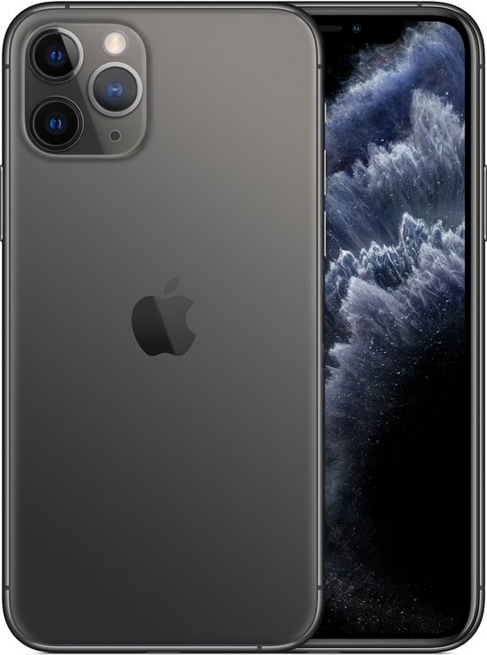 Donkergrijs iPhone 11 Pro, voorkant en achterkant, met abstracte achtergrond.