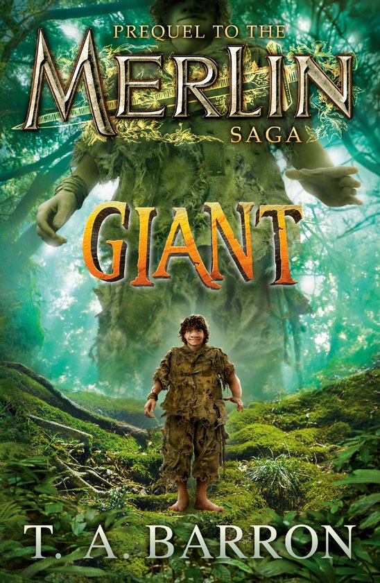 Prequel to the Merlin Saga: Giant, met een jongen in lompen voor een reusachtige groene reus in een bos.
