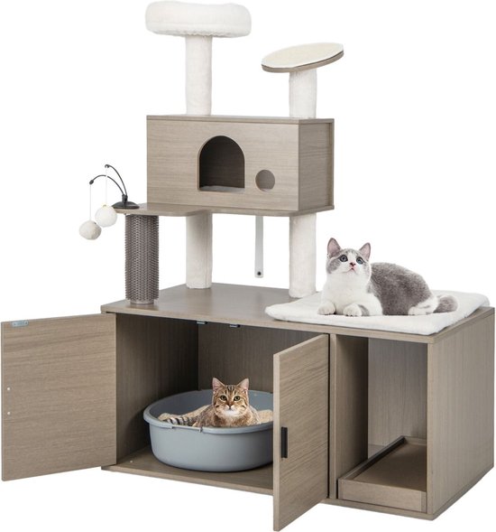 Foto: Suredeal kattenhuis kattenbak krabpaal kast 2 in 1 halmeubel nachtkastje opgeruimde kamer 95x55 5x132 cm kattenmand dressoir bijzetkastje katten dierenhuis