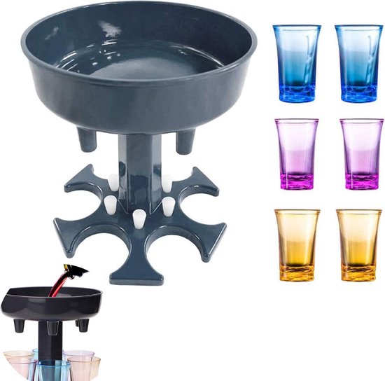 Donkergrijze drankdispenser met zes glazen: blauw, paars en goudkleurig.