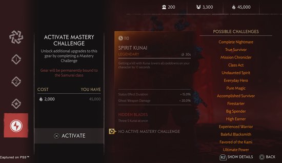 Scherm van het spel Ghost of Tsushima met de optie 'ACTIVATEER MASTERY CHALLENGE' en itemdetails.