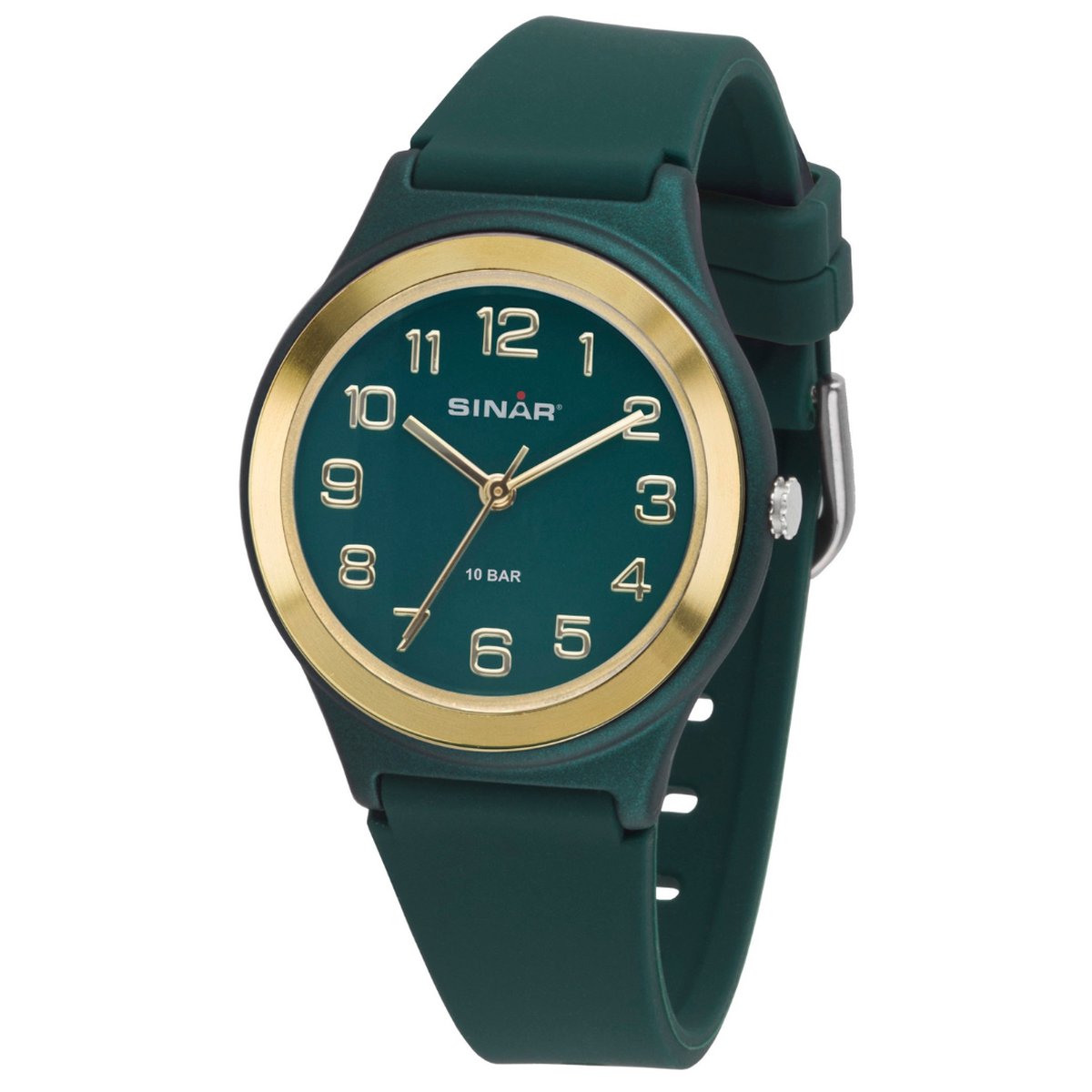 Sinar - Horloge Kind - Tiener - Jeugd - Kinderhorloge Jongen - Meisje - Tiener - Jeugd - 10 bar Waterdicht - Analoog - Donker Groen - Goud - Ø 36 mm - Stevig Siliconen bandje - Verstelbaar (13 - 18,5 cm) - Edelstalen Sluiting - Quartz - XB-48-6