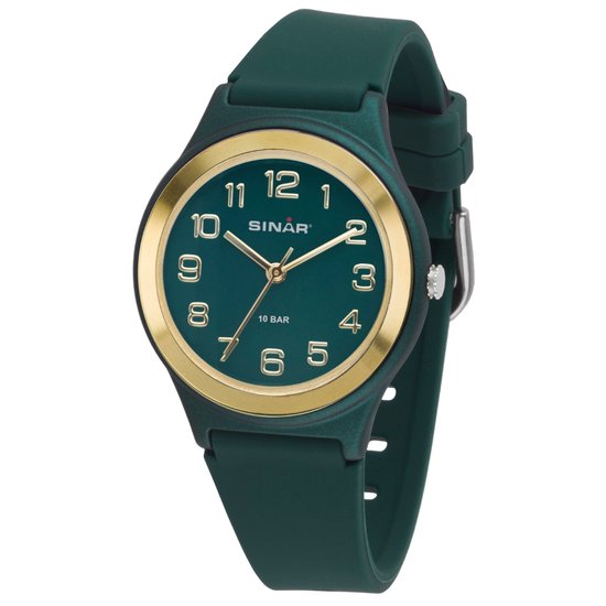 Foto: Sinar horloge kind tiener jeugd kinderhorloge jongen meisje tiener jeugd 10 bar waterdicht analoog donker groen goud 36 mm stevig siliconen bandje verstelbaar 13 18 5 cm edelstalen sluiting quartz xb 48 6