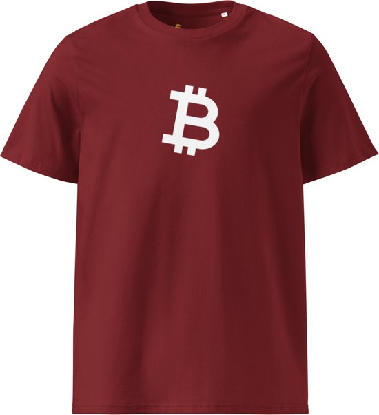 Bitcoin T-shirt - Schuin Wit Bitcoin Symbool - Unisex - 100% Biologisch Katoen - Kleur Bordeaux Rood - Maat XL | Bitcoin cadeau| Crypto cadeau| Bitcoin T-shirt| Crypto T-shirt| Crypto Shirt| Bitcoin Shirt| Bitcoin Merch| Crypto Merch| Bitcoin Kleding