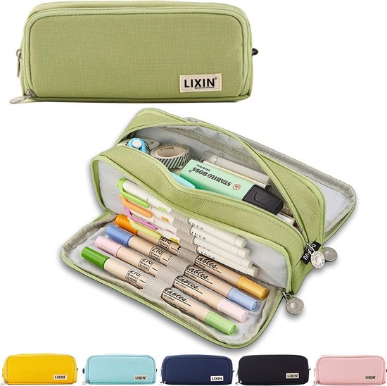 LIXIN Etui - Greon - Pennenzak voor jongens en meisjes - Canvas - Linnen - Grote capaciteit - School etui - Etui voor kinderen en volwassenen - School - Terug naar school - Back to school - Leuke telescopishe pennenhouder - Leuk etui