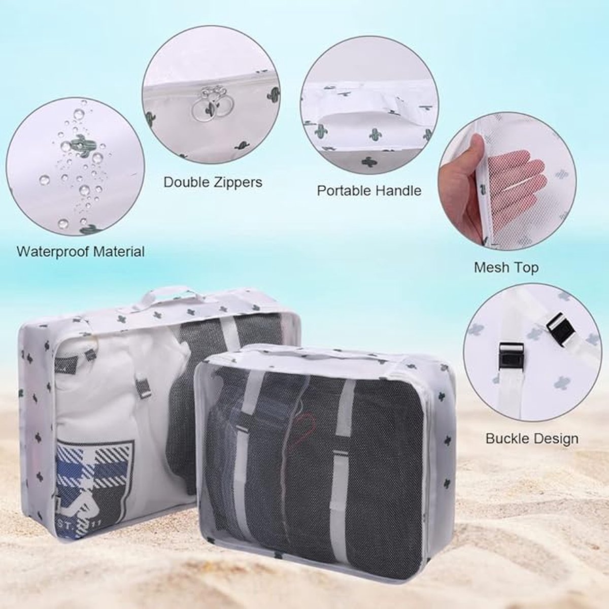 Koffer-organizerset, Packing Cubes, waterdichte reis-kledingtassen, paktassen voor koffer, verpakkingskubus met make-uptas, schoenentas, USB-kabel tas, Cactus 8 stuks