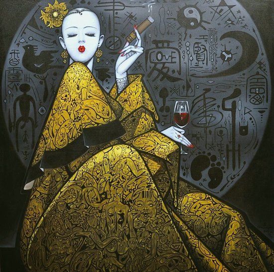 Fine Asianliving Oil Painting 100% Handpainted Black Frame 100x100cm Chinese Woman with Cigar Yellow