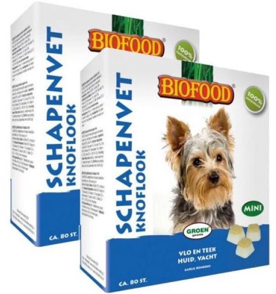 Biofood Schapenvet Knoflook Mini, met een hondje en 80 bonbons. "GROEN VLO EN TEek HUID, VACHT".