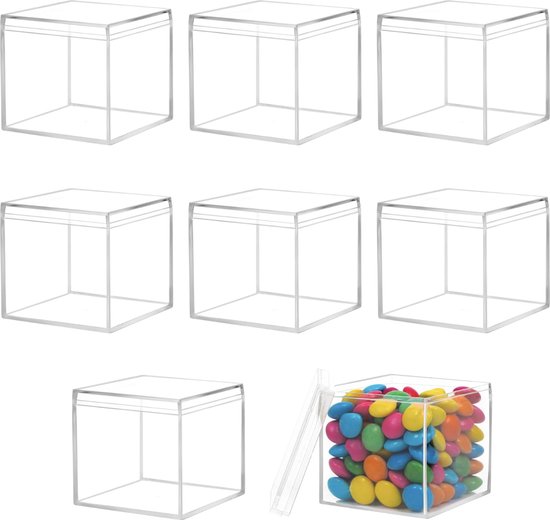 Doorzichtig Acryl Plastic Containers [8 Pak] - Transparant Kleine Opslag Bakjes met Deksels voor het Organiseren van Sieraden, Snoep, Figuurtjes, Feestgeschenkjes - 5,5 x 5,5 x 5,5 cm