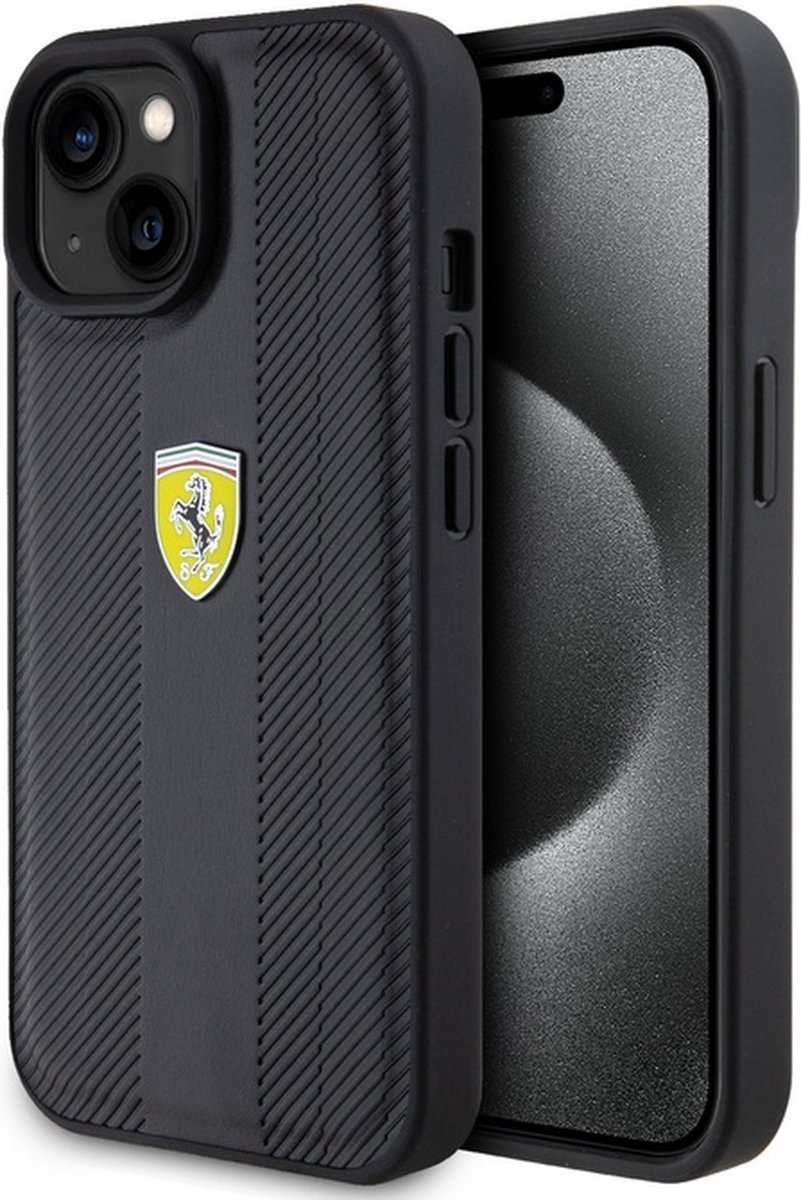 Ferrari Hot Stamp Groove Pattern Back Case - Geschikt voor Apple iPhone 15 (6.1") - Zwart
