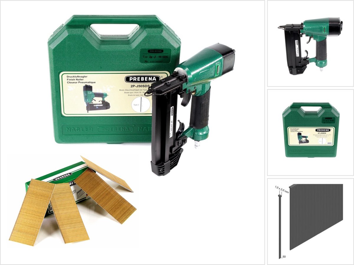 Prebena 2P-J50SDS luchtdruk spijkermachine 5-7 bar in transportkoffer + Prebena kromkopspijkers Brads 50 mm 4000 stuks - van verzinkt staal, geharsd