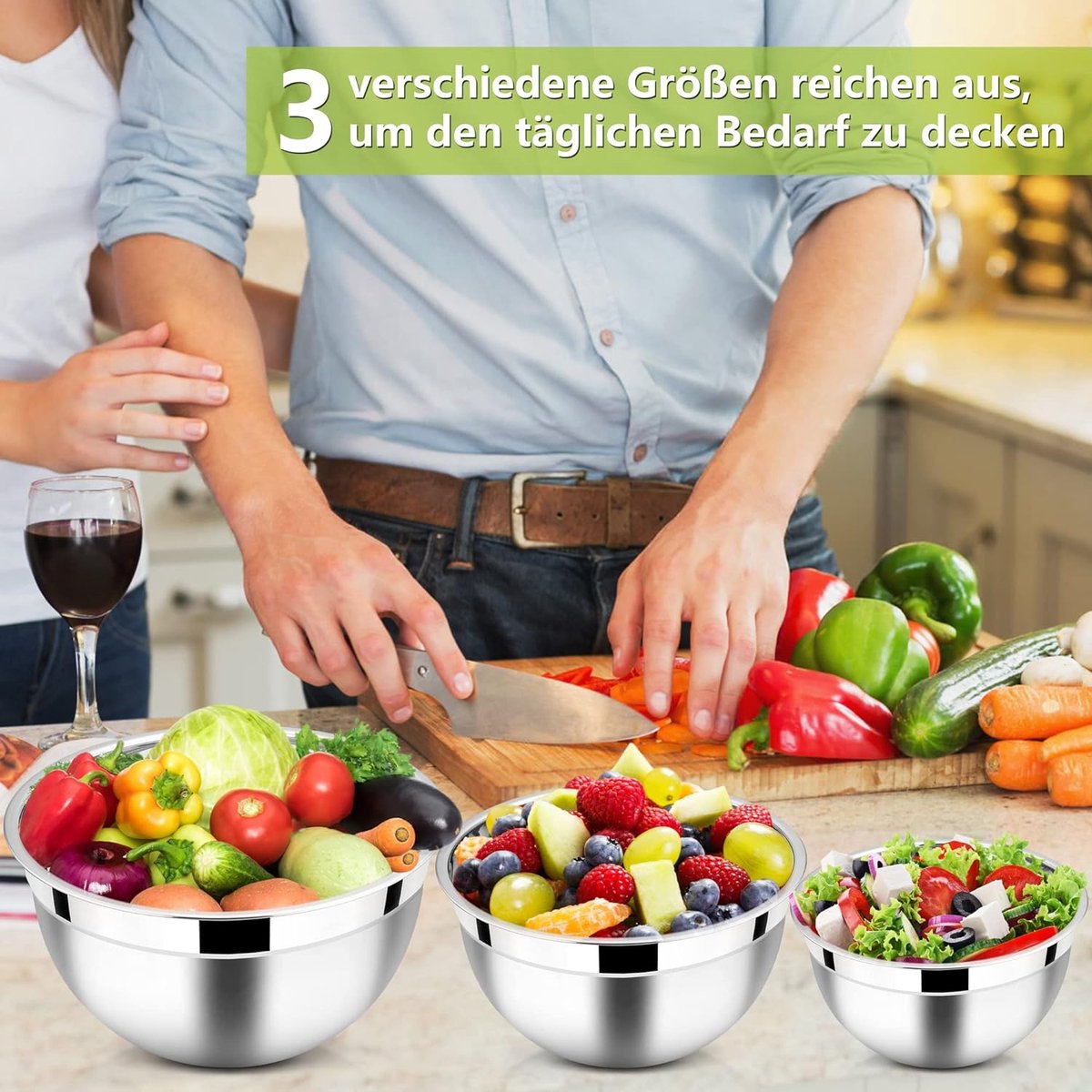 Mengkom roestvrij stalen kom slakom 3-delige set met luchtdicht deksel perfect voor bakken koken stapelbaar en vaatwasmachinebestendig 4 5 l 2 7 l 1 5 l kleurrijk
