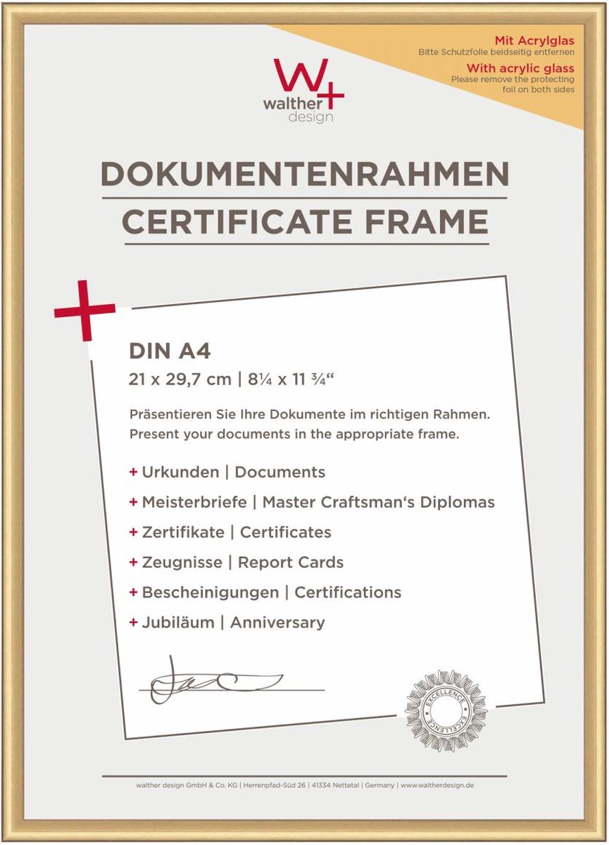 Walther New Lifestyle - Kunststof lijst - Fotoformaat 21x29,7 cm (DIN A4) - Kunstglas - Goud