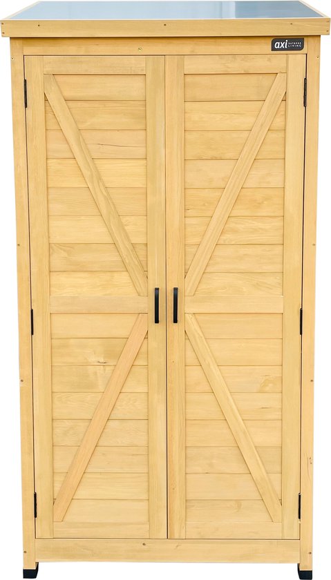 Gesloten houten berging met dubbele deuren en kruislings patroon.